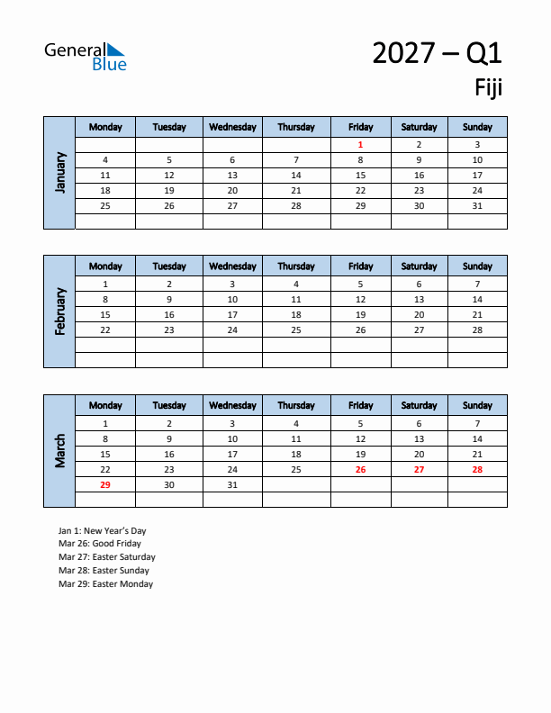 Free Q1 2027 Calendar for Fiji - Monday Start