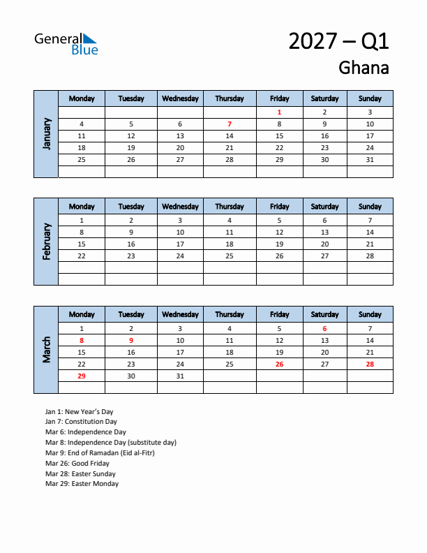 Free Q1 2027 Calendar for Ghana - Monday Start