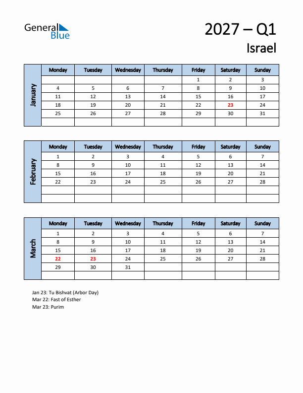 Free Q1 2027 Calendar for Israel - Monday Start