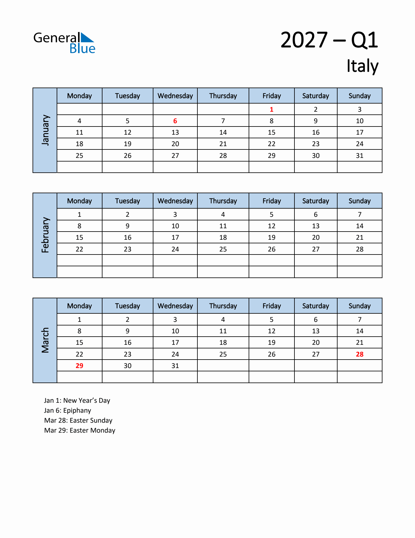 Free Q1 2027 Calendar for Italy - Monday Start