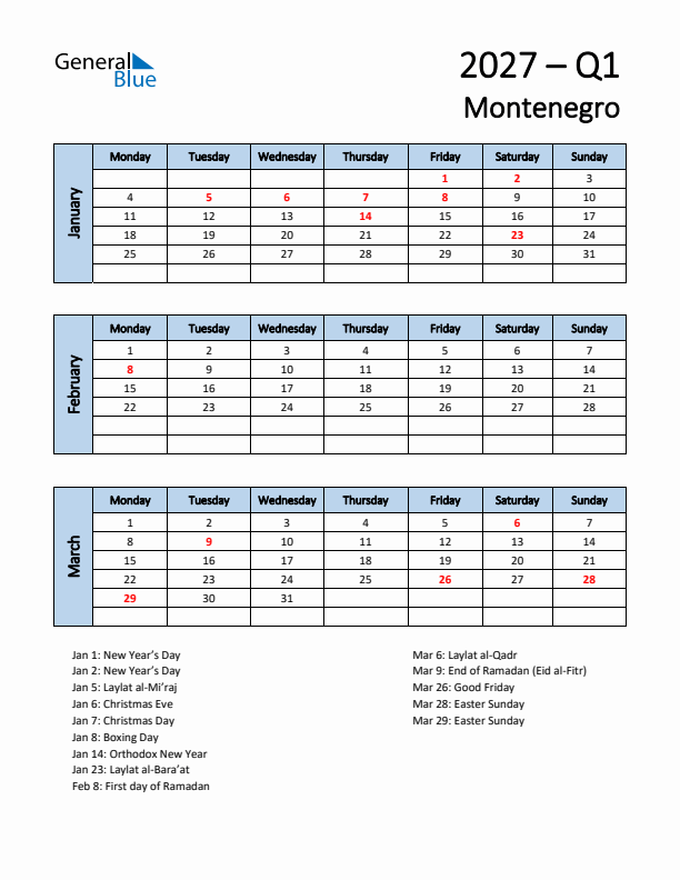 Free Q1 2027 Calendar for Montenegro - Monday Start