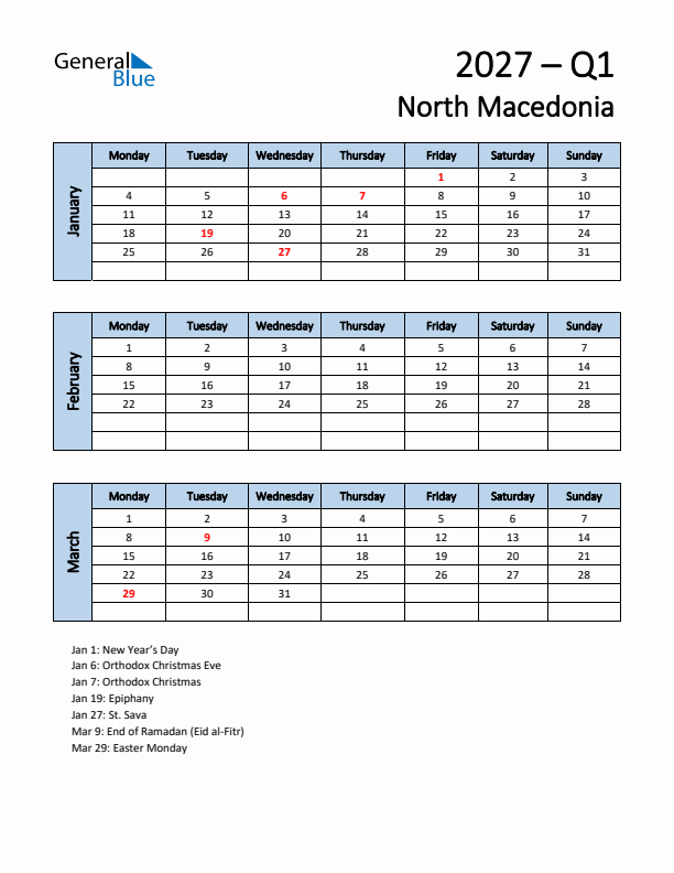 Free Q1 2027 Calendar for North Macedonia - Monday Start