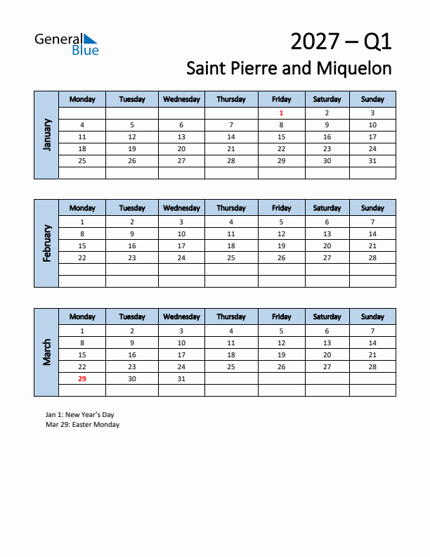 Free Q1 2027 Calendar for Saint Pierre and Miquelon - Monday Start