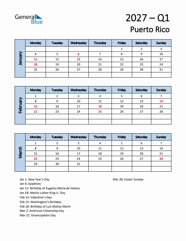 Free Q1 2027 Calendar for Puerto Rico - Monday Start