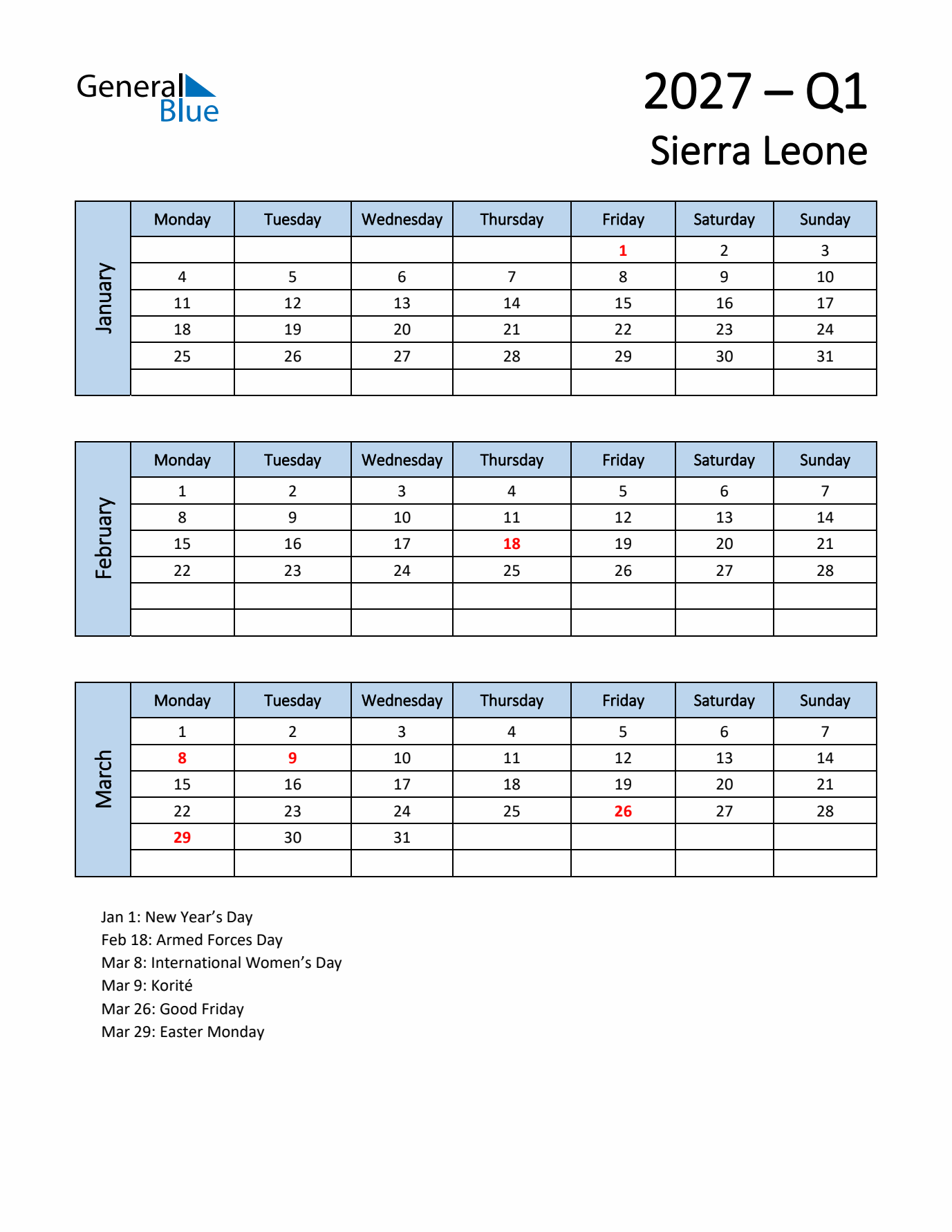 Free Q1 2027 Calendar for Sierra Leone - Monday Start