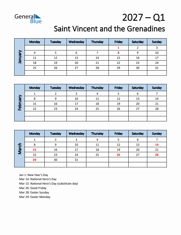 Free Q1 2027 Calendar for Saint Vincent and the Grenadines - Monday Start