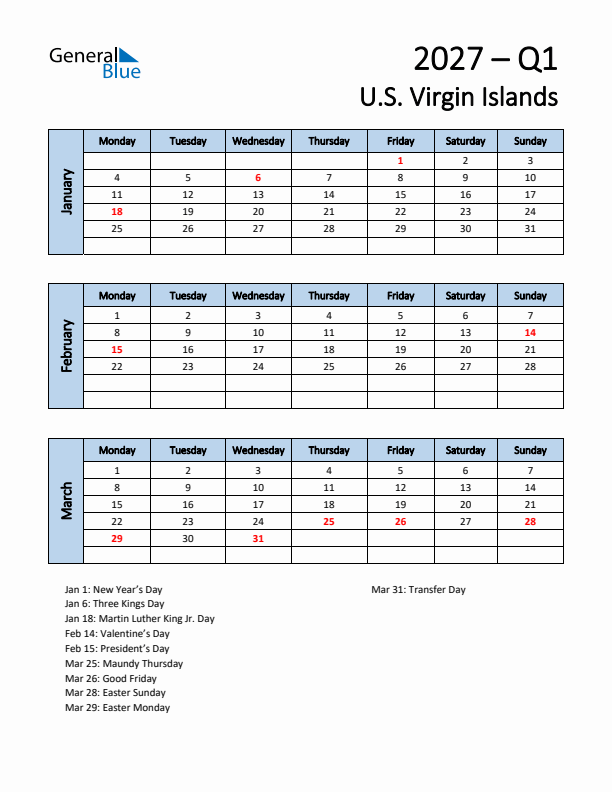 Free Q1 2027 Calendar for U.S. Virgin Islands - Monday Start