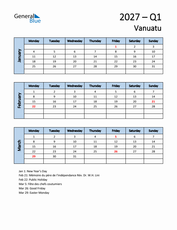Free Q1 2027 Calendar for Vanuatu - Monday Start