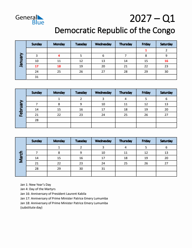 Free Q1 2027 Calendar for Democratic Republic of the Congo - Sunday Start