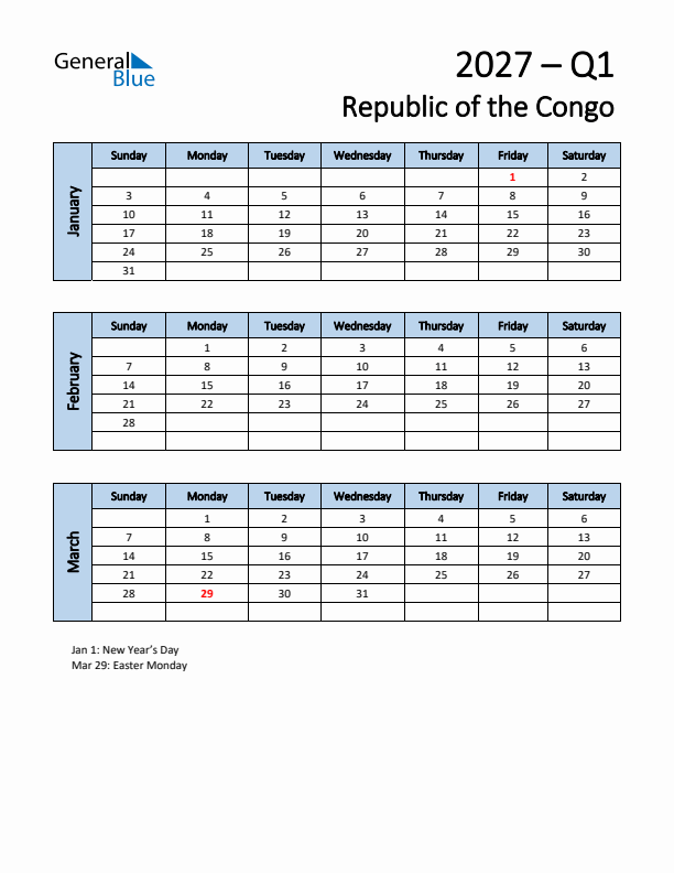 Free Q1 2027 Calendar for Republic of the Congo - Sunday Start