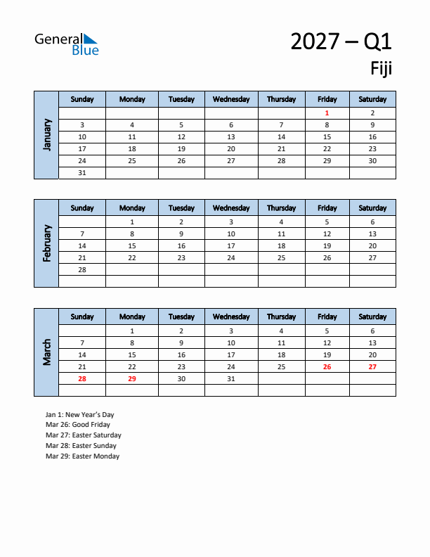Free Q1 2027 Calendar for Fiji - Sunday Start