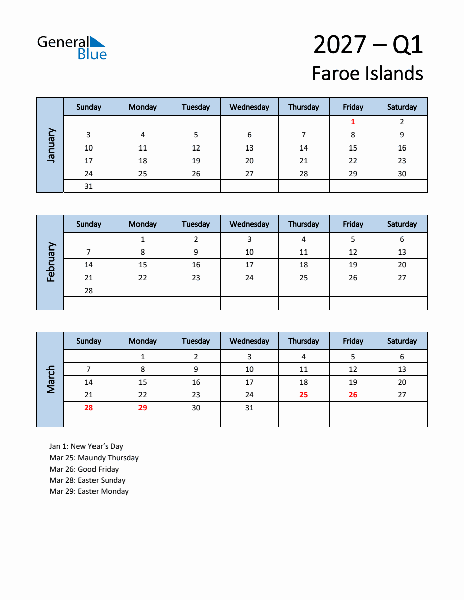 Free Q1 2027 Calendar for Faroe Islands