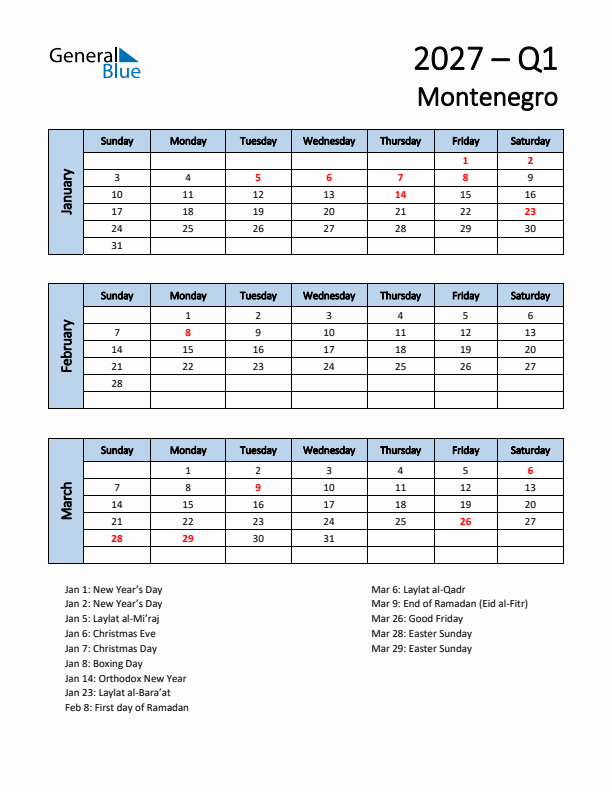 Free Q1 2027 Calendar for Montenegro - Sunday Start