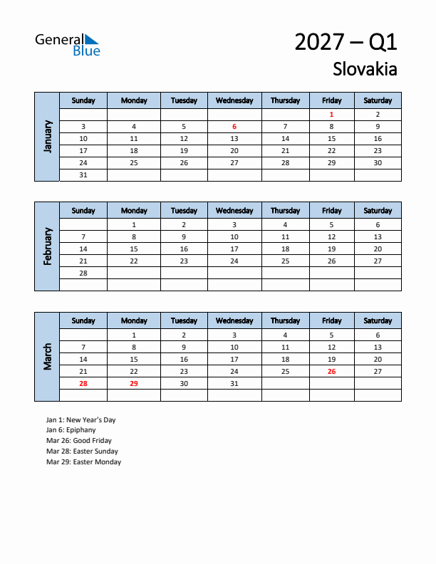 Free Q1 2027 Calendar for Slovakia - Sunday Start
