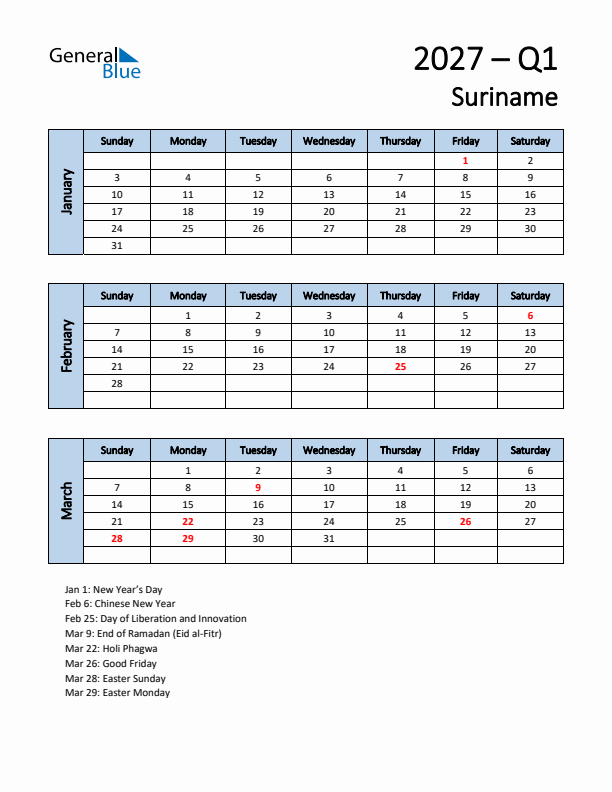Free Q1 2027 Calendar for Suriname - Sunday Start