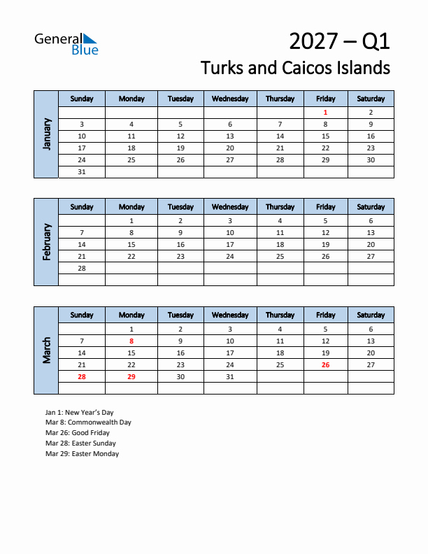 Free Q1 2027 Calendar for Turks and Caicos Islands - Sunday Start