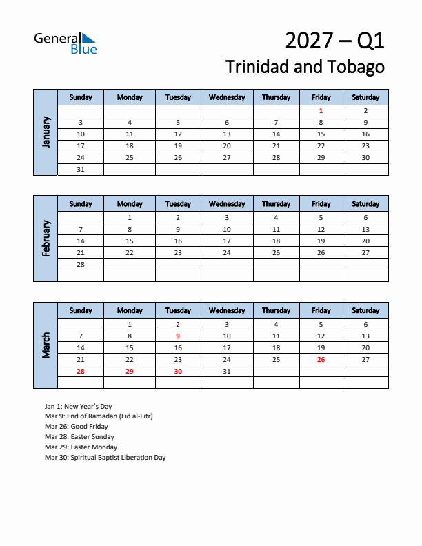 Free Q1 2027 Calendar for Trinidad and Tobago - Sunday Start