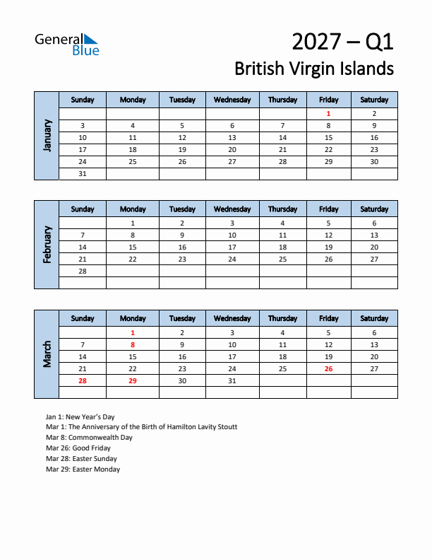 Free Q1 2027 Calendar for British Virgin Islands - Sunday Start