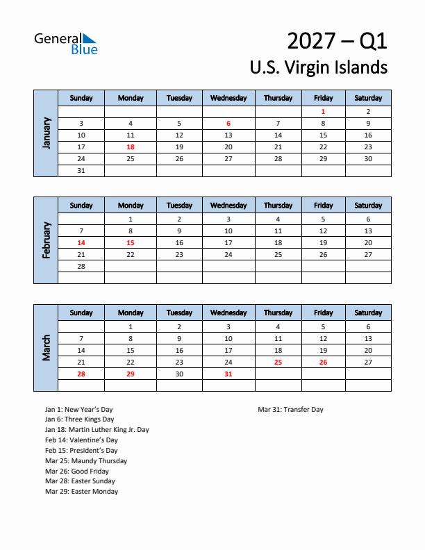 Free Q1 2027 Calendar for U.S. Virgin Islands - Sunday Start