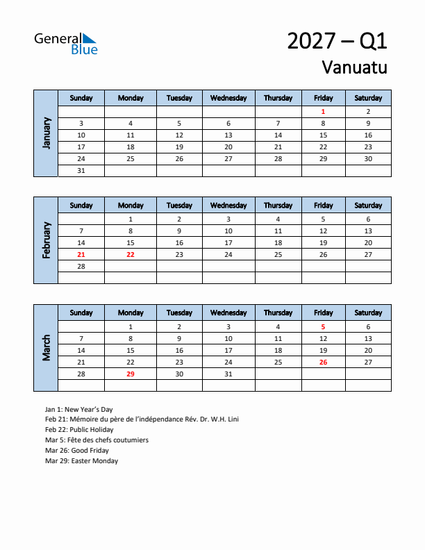 Free Q1 2027 Calendar for Vanuatu - Sunday Start