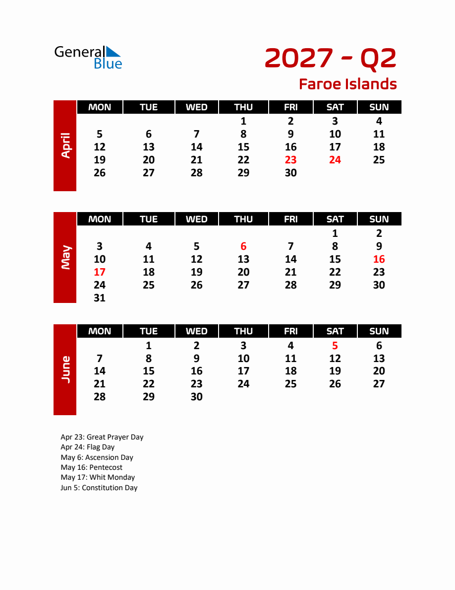 Q2 2027 Calendar with Holidays for Faroe Islands - Monday Start