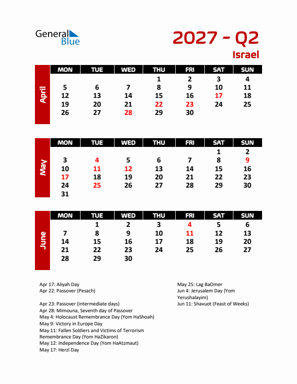 Q2 2027 Calendar with Holidays in Israel