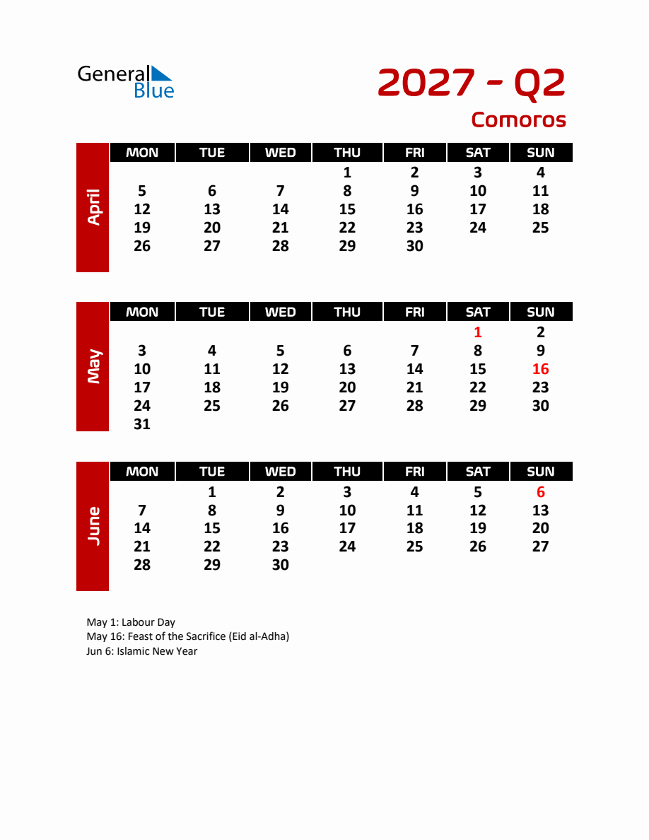 Q2 2027 Calendar with Holidays for Comoros - Monday Start