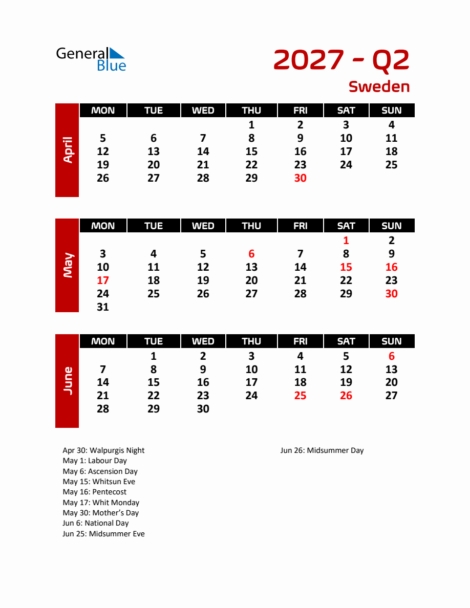 Q2 2027 Calendar with Holidays