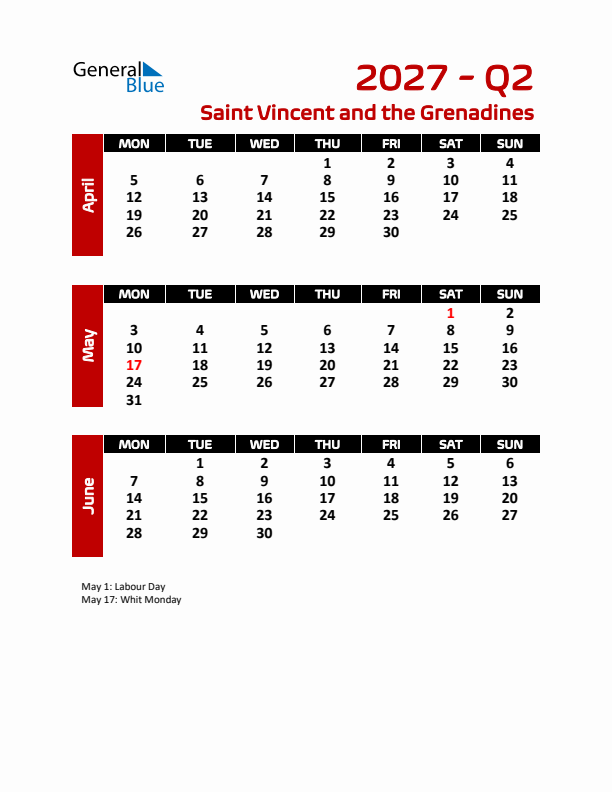 Q2 2027 Calendar with Holidays in Saint Vincent and the Grenadines