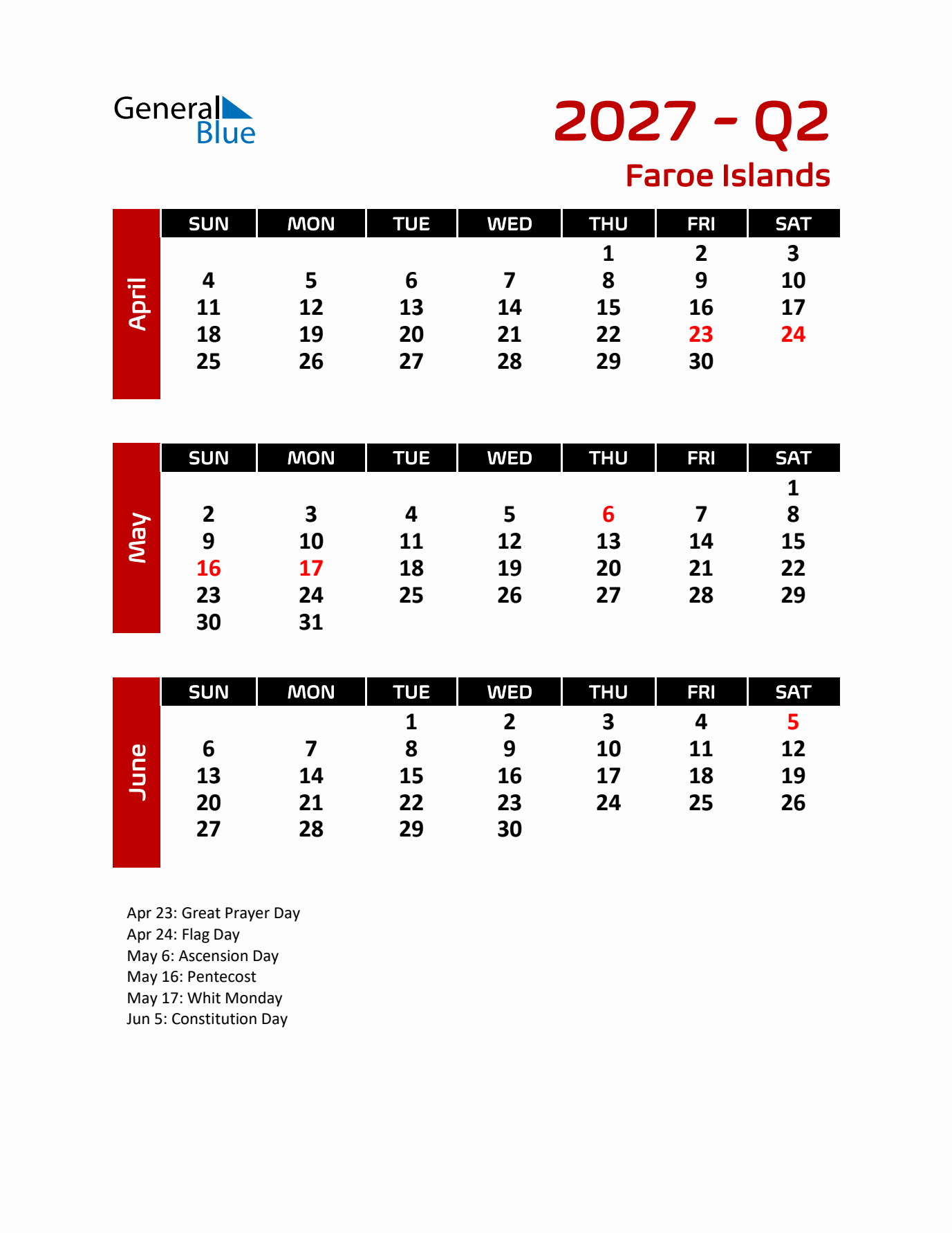 Q2 2027 Calendar with Holidays in Faroe Islands
