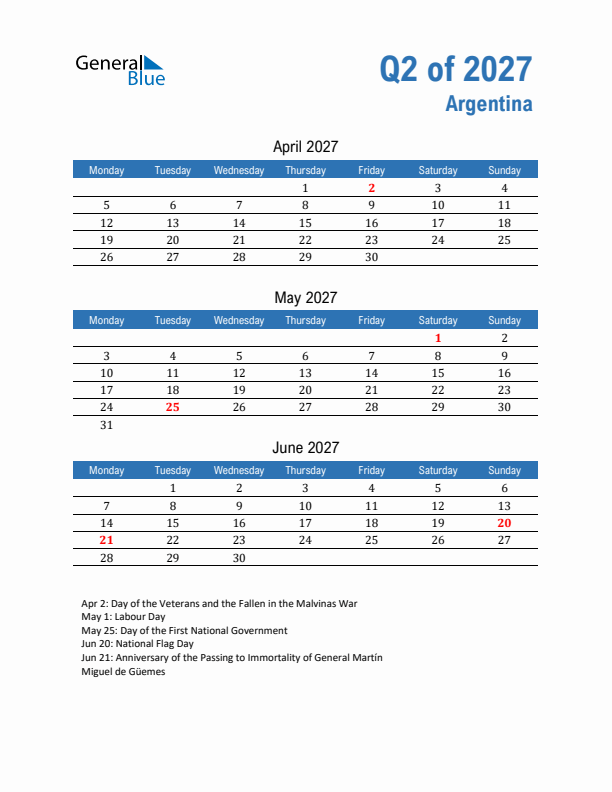 Argentina Q2 2027 Quarterly Calendar with Monday Start