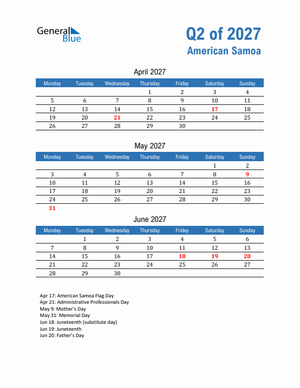 American Samoa Q2 2027 Quarterly Calendar with Monday Start