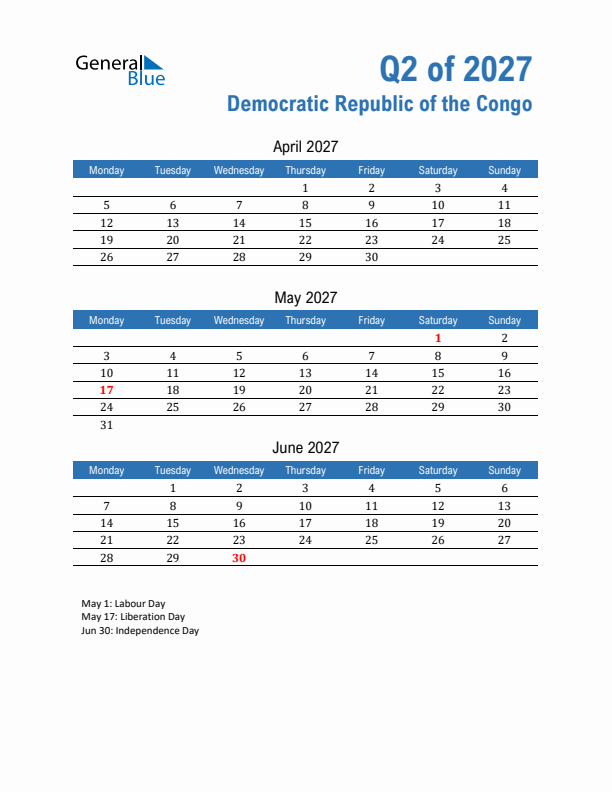 Democratic Republic of the Congo Q2 2027 Quarterly Calendar with Monday Start