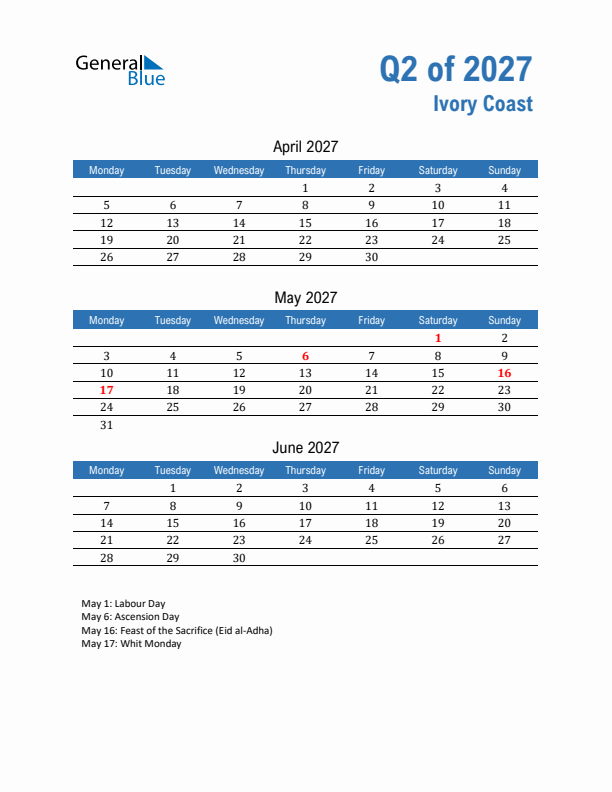 Ivory Coast Q2 2027 Quarterly Calendar with Monday Start