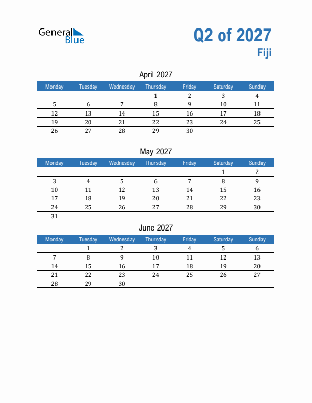 Fiji Q2 2027 Quarterly Calendar with Monday Start