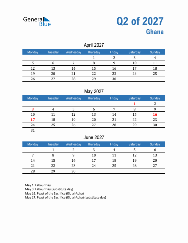 Ghana Q2 2027 Quarterly Calendar with Monday Start