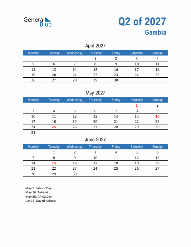 Gambia Q2 2027 Quarterly Calendar with Monday Start