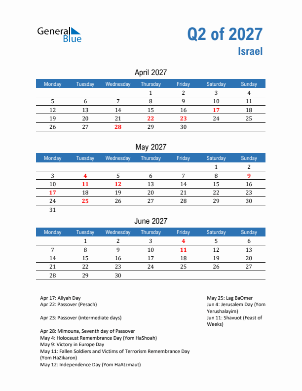 Israel Q2 2027 Quarterly Calendar with Monday Start