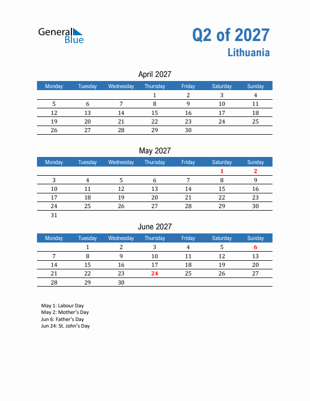 Lithuania Q2 2027 Quarterly Calendar with Monday Start