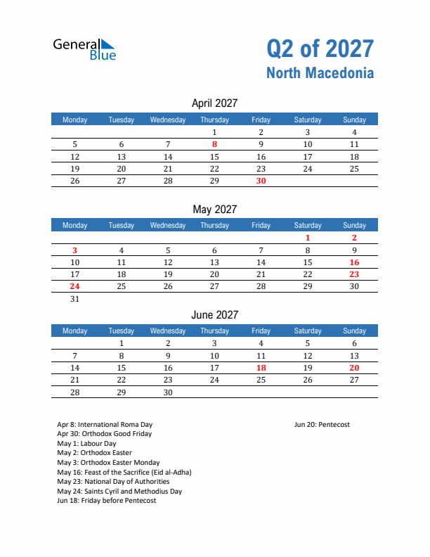 North Macedonia Q2 2027 Quarterly Calendar with Monday Start