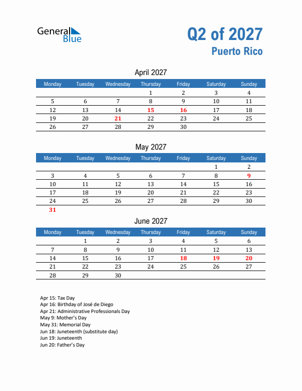 Puerto Rico Q2 2027 Quarterly Calendar with Monday Start