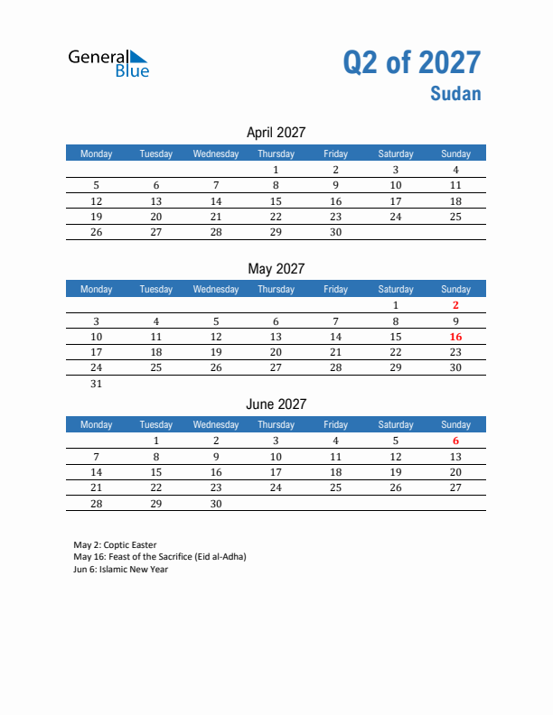 Sudan Q2 2027 Quarterly Calendar with Monday Start