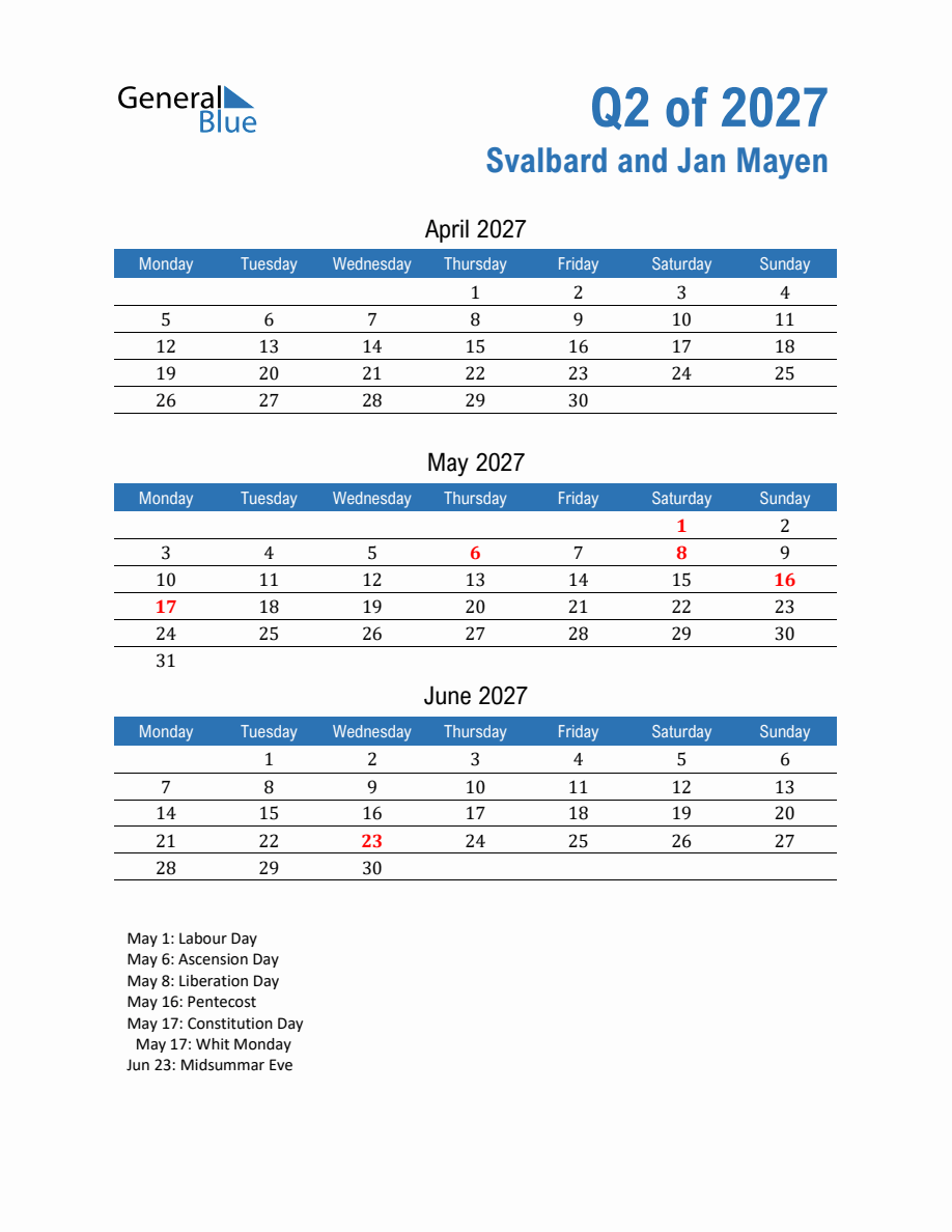 Svalbard and Jan Mayen Quarterly Calendar (Quarter 2 of 2027) - Monday ...