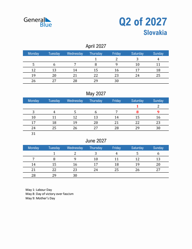 Slovakia Q2 2027 Quarterly Calendar with Monday Start