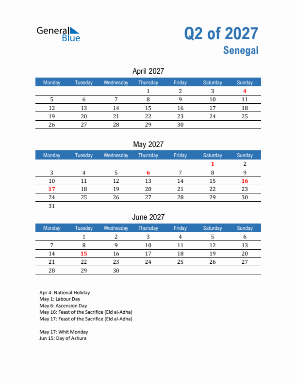 Senegal Q2 2027 Quarterly Calendar with Monday Start