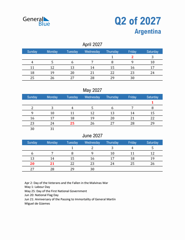 Argentina Q2 2027 Quarterly Calendar with Sunday Start