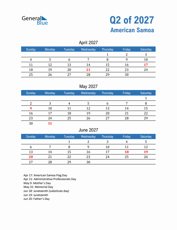 American Samoa Q2 2027 Quarterly Calendar with Sunday Start