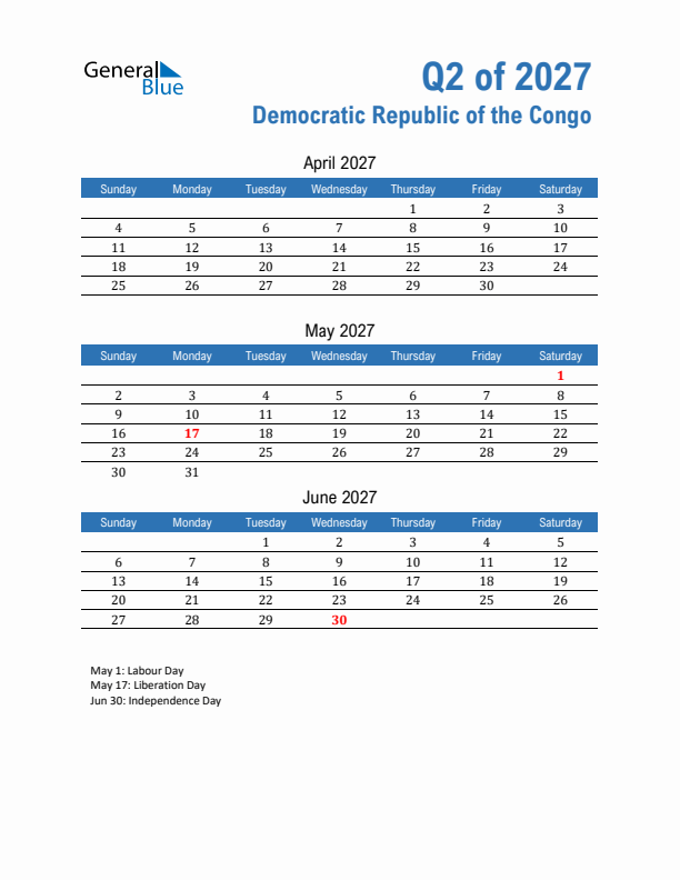 Democratic Republic of the Congo Q2 2027 Quarterly Calendar with Sunday Start