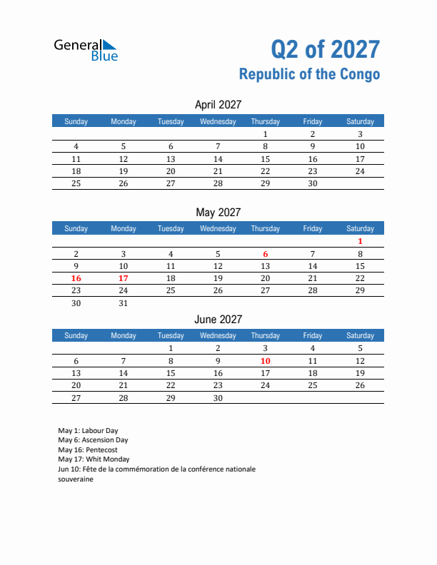 Republic of the Congo Q2 2027 Quarterly Calendar with Sunday Start