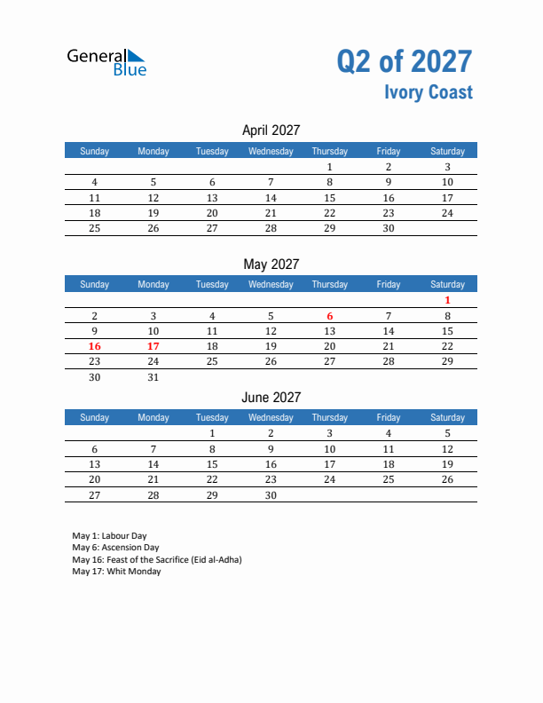 Ivory Coast Q2 2027 Quarterly Calendar with Sunday Start
